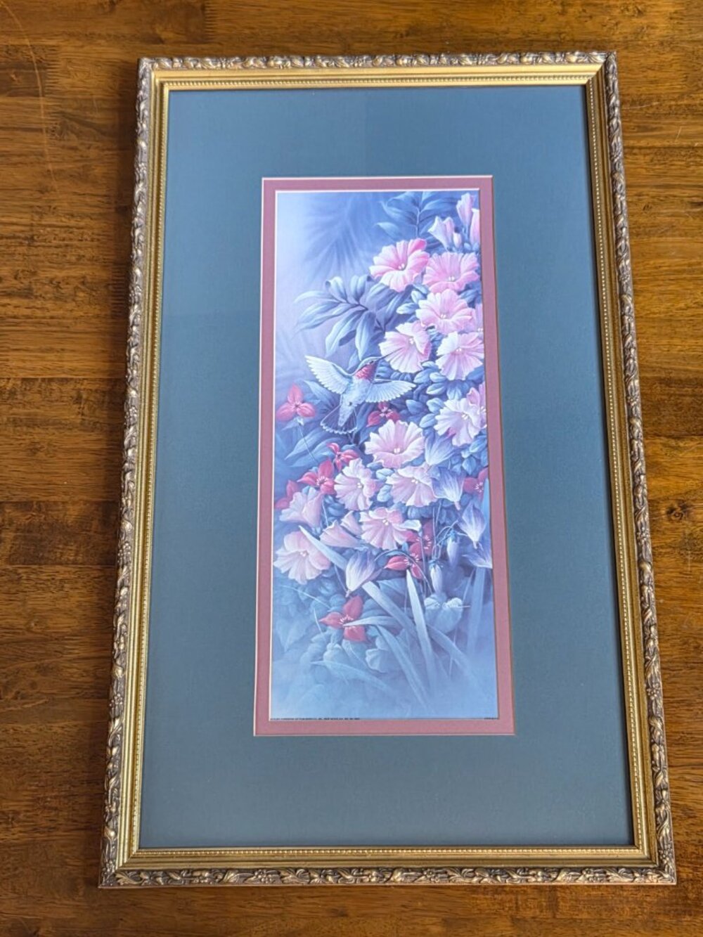 Vintage TC Chiu Hummingbird Floral Art Print Ornate Gold Gesso Frame 30x18
